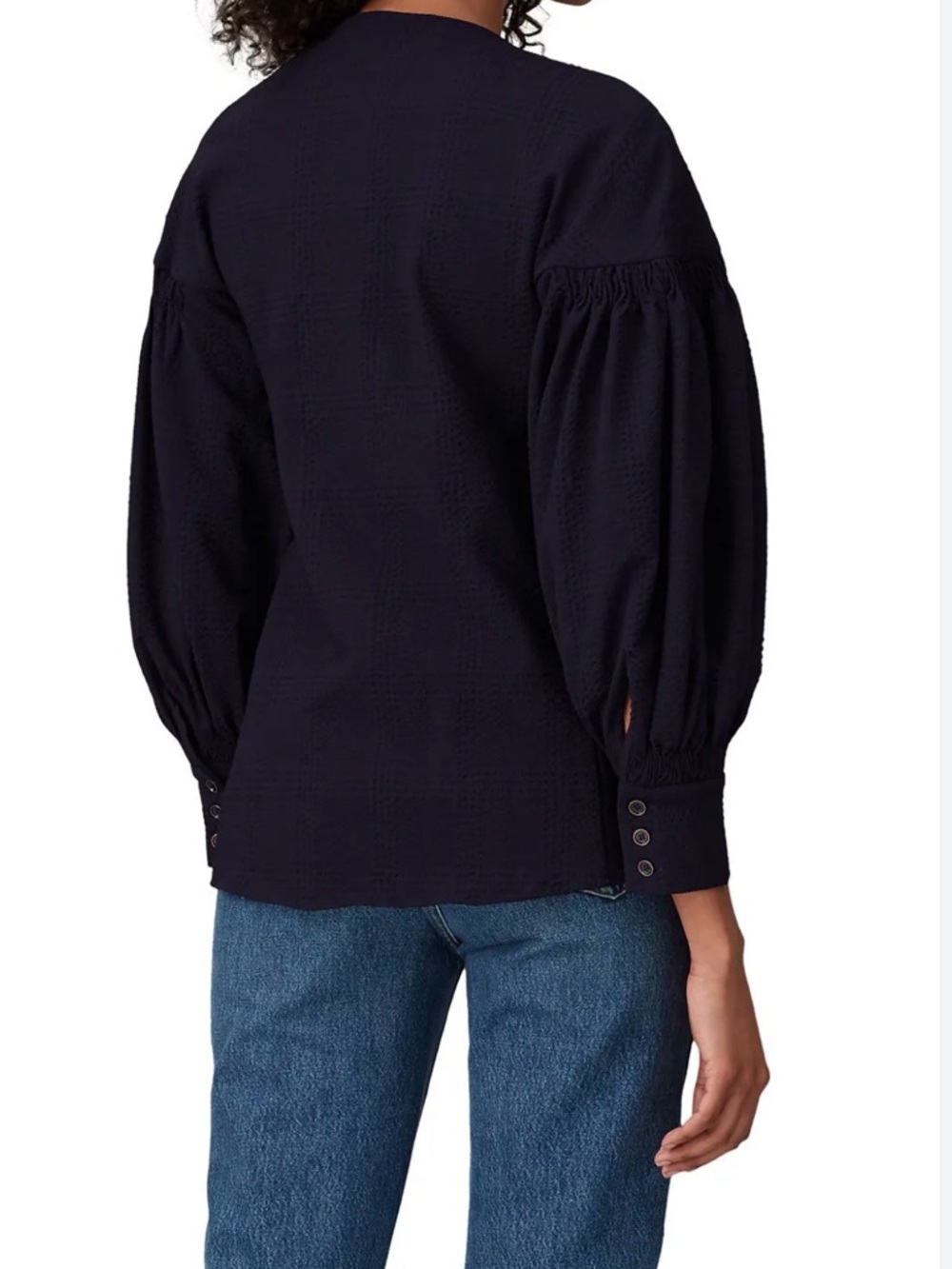 Teija 100% Silk Navy Balloon-Sleeve Tie-Neck Blouse - Picture 2 of 7